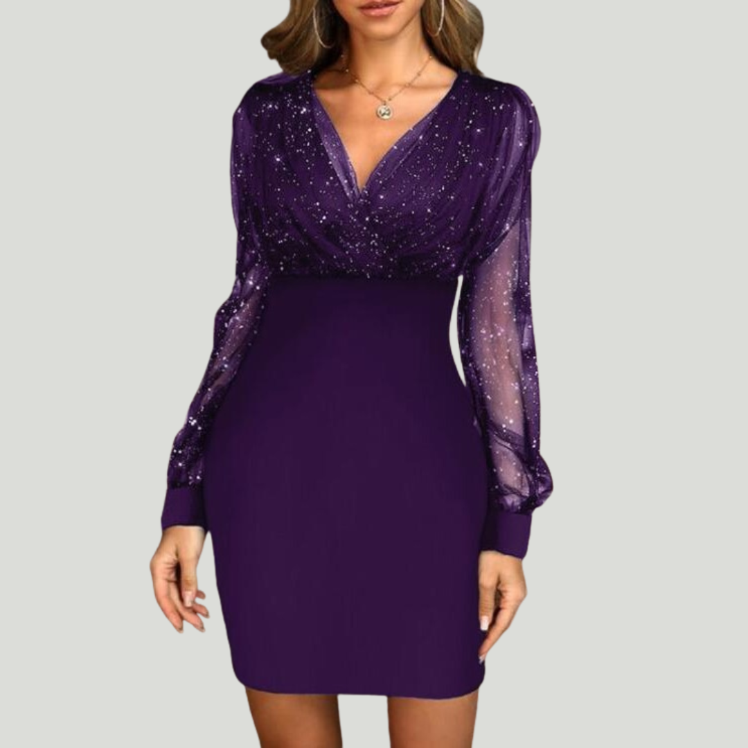 Elise de Paris | Robe Noire Élégante à Paillettes et Manches Transparentes