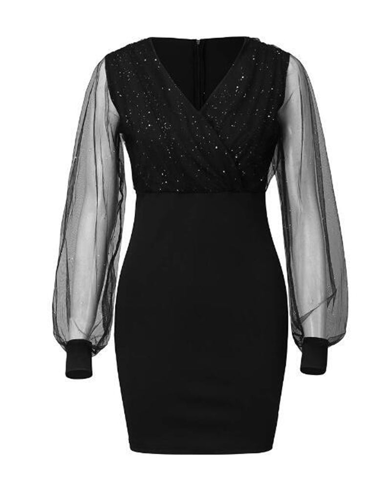 Elise de Paris | Robe Noire Élégante à Paillettes et Manches Transparentes