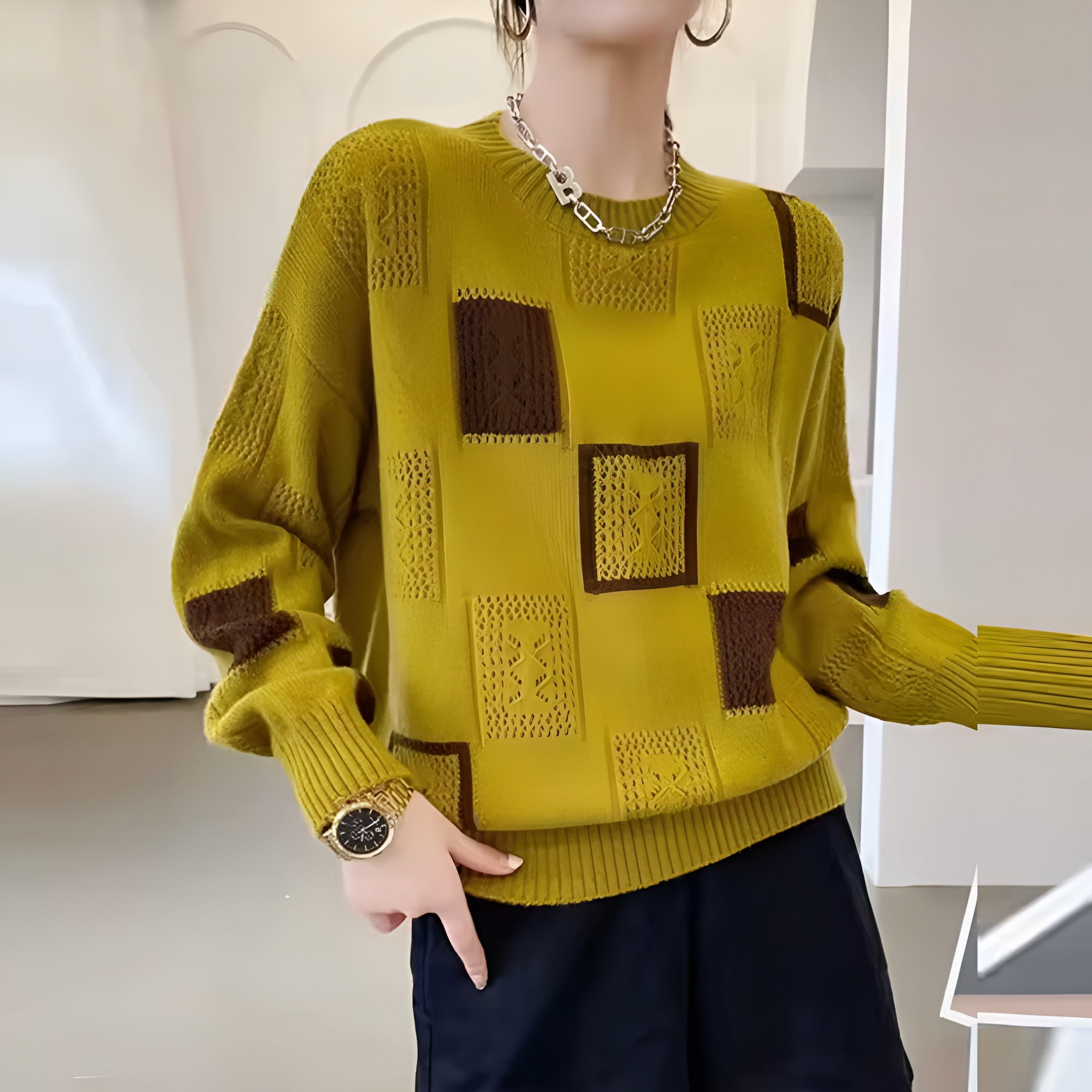 Elise de Paris | Pull Élégant à Motifs Géométriques Ajourés