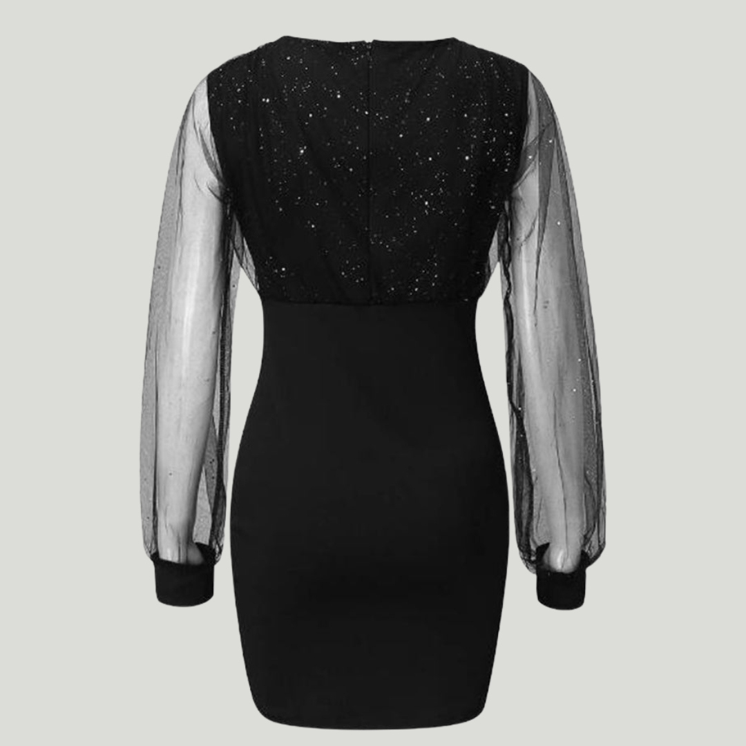 Elise de Paris | Robe Noire Élégante à Paillettes et Manches Transparentes