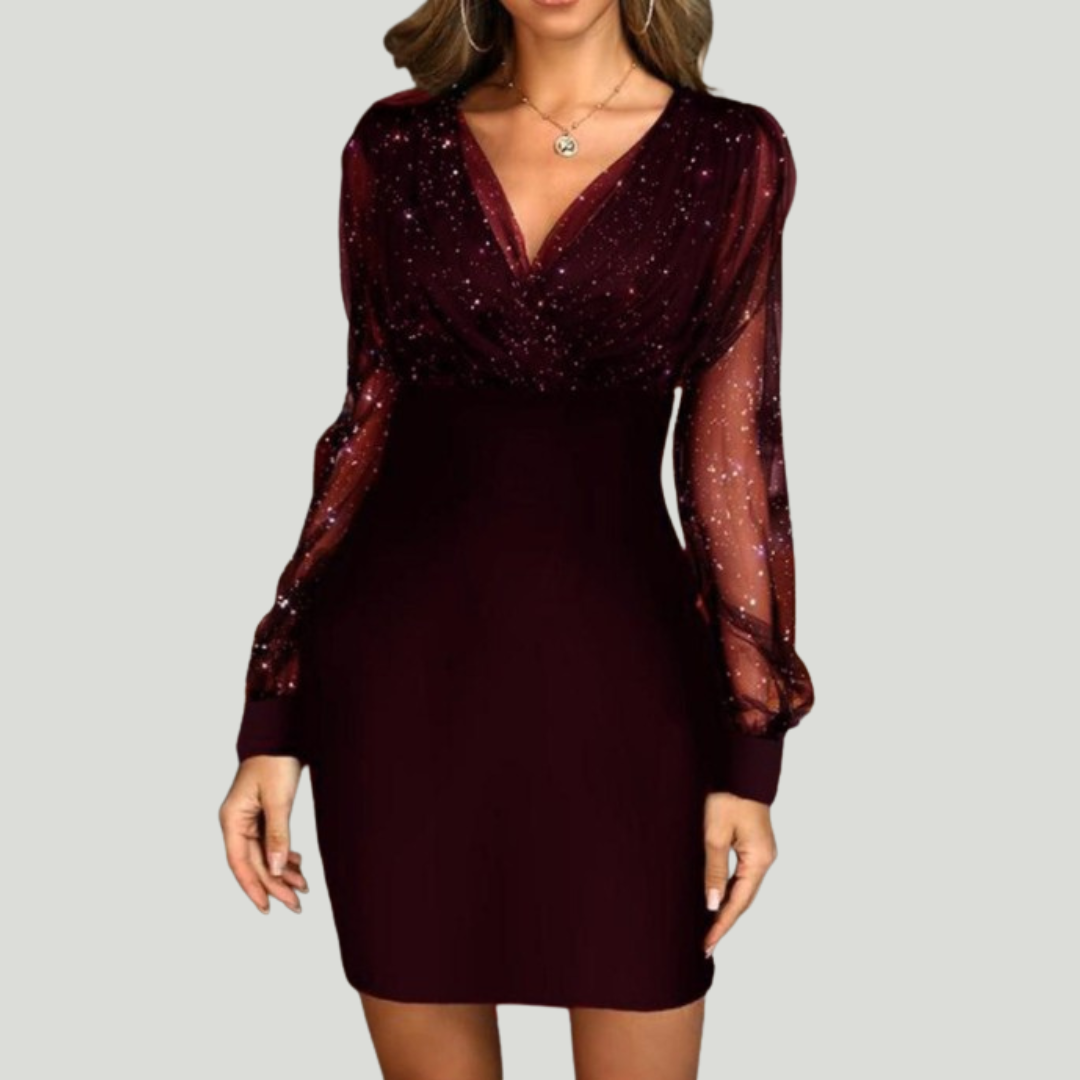 Elise de Paris | Robe Noire Élégante à Paillettes et Manches Transparentes