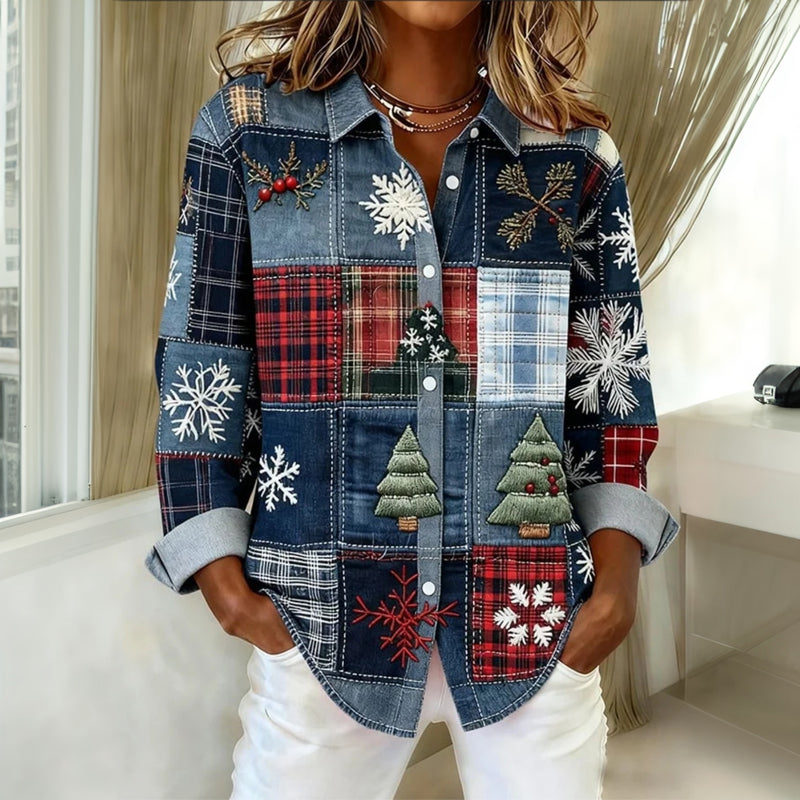 Elise de Paris | Chemisier de Noël Femme Décontracté en Patchwork avec Détails Brodés
