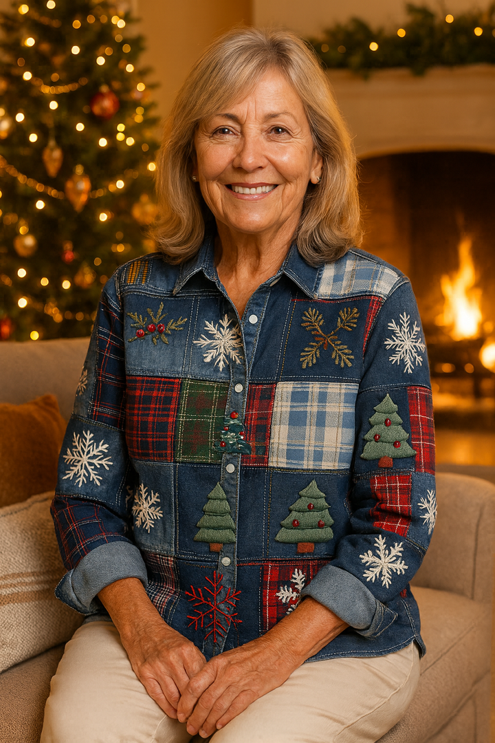 Elise de Paris | Chemisier de Noël Femme Décontracté en Patchwork avec Détails Brodés