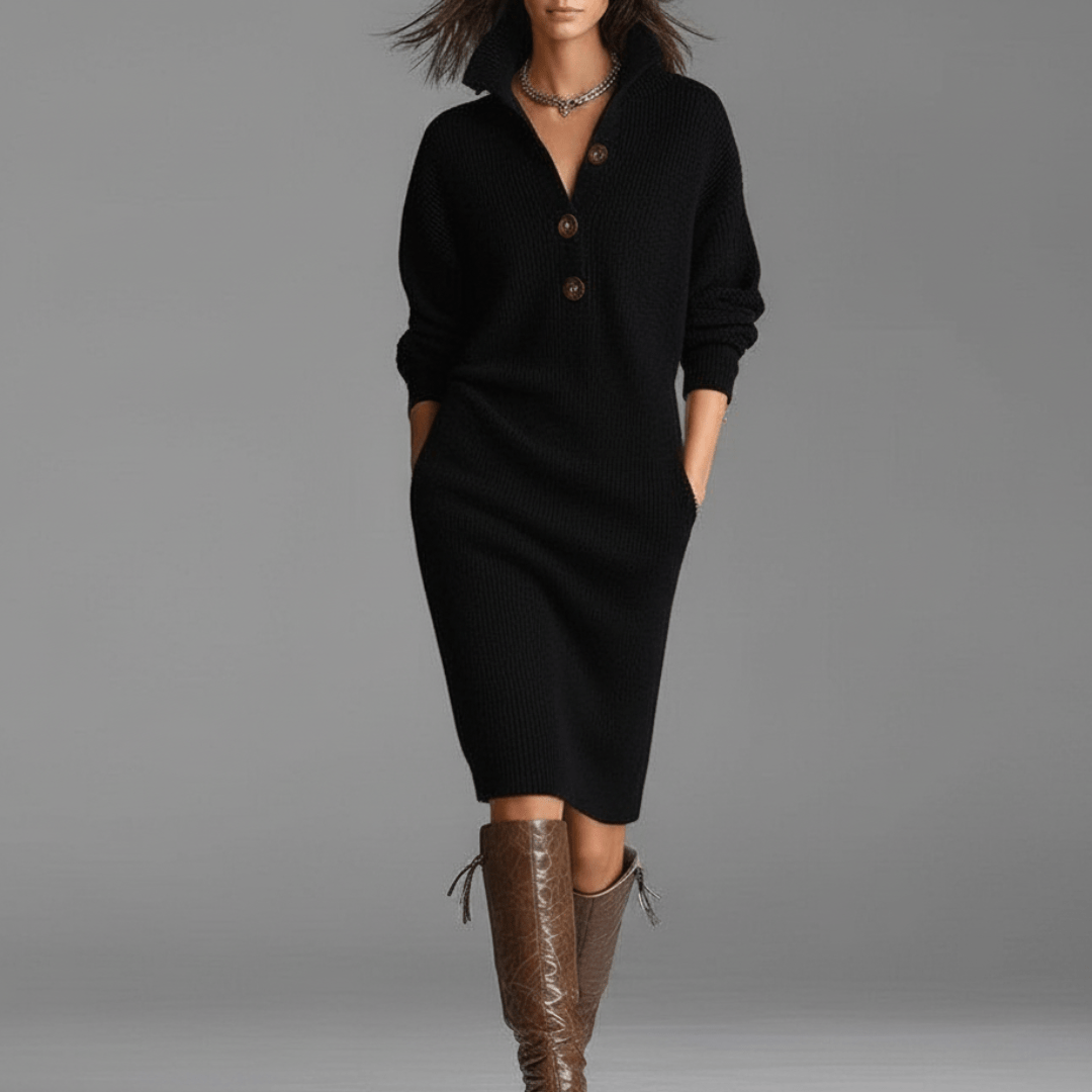 Elise de Paris| Robe Hiver Élégante Femme à Manches Longues avec Boutons
