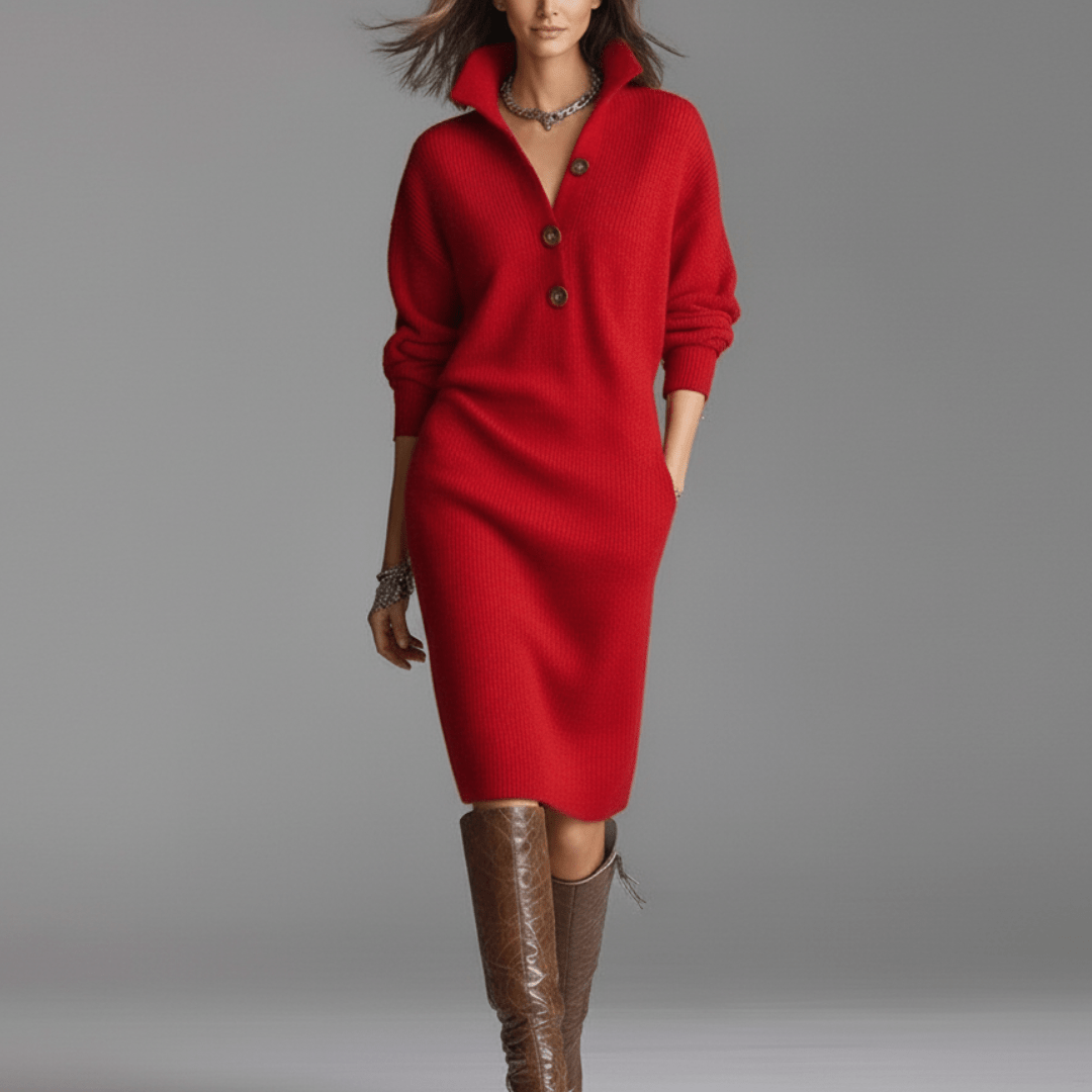 Elise de Paris| Robe Hiver Élégante Femme à Manches Longues avec Boutons