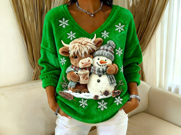 Elise de Paris| Pull Hiver Festif avec Bonhomme de Neige et Col en V