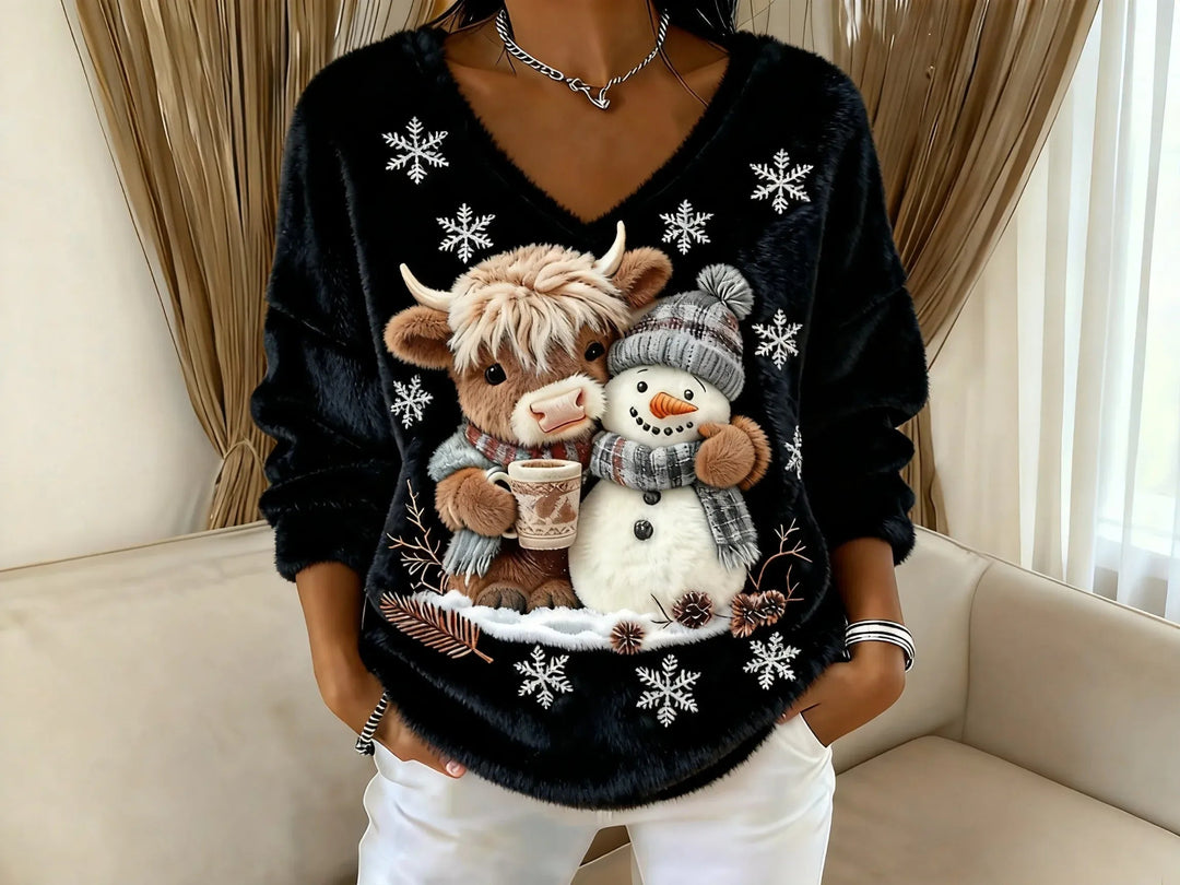 Elise de Paris| Pull Hiver Festif avec Bonhomme de Neige et Col en V