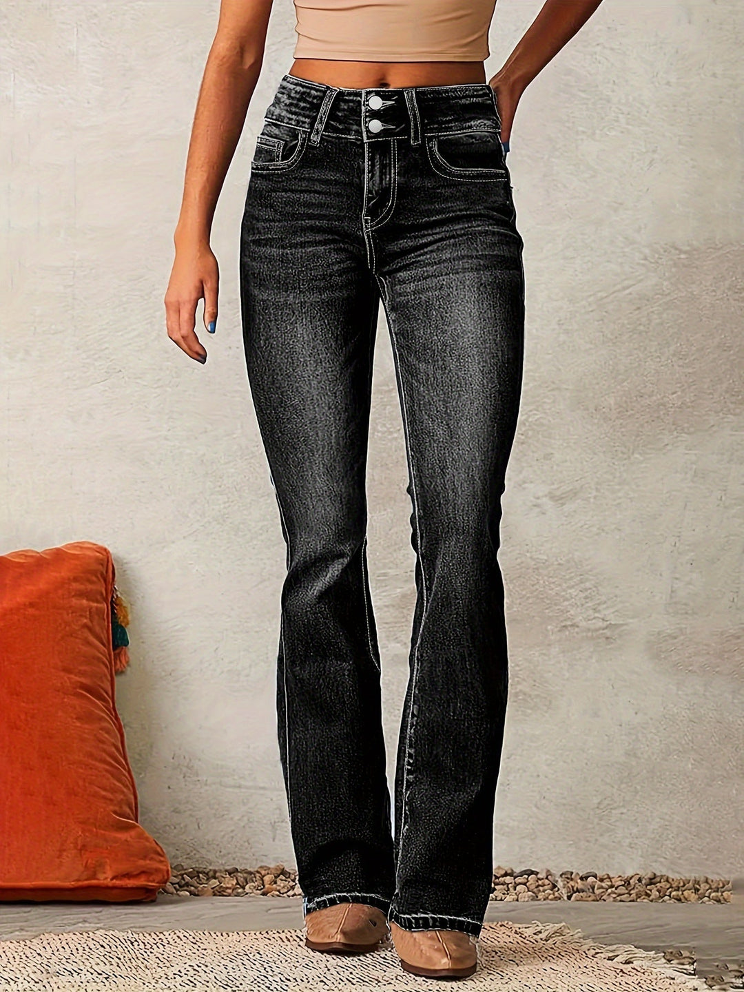 Elise de Paris | Jean Évasé Femme Taille Haute en Coton Stretch