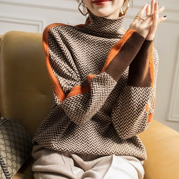 Elise de Paris | Pull Col Montant Femme avec Rayures Contrastées