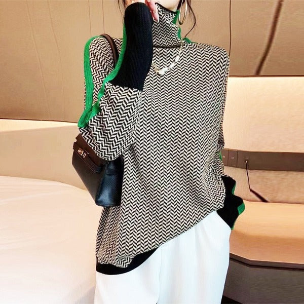 Elise de Paris | Pull Col Montant Femme avec Rayures Contrastées