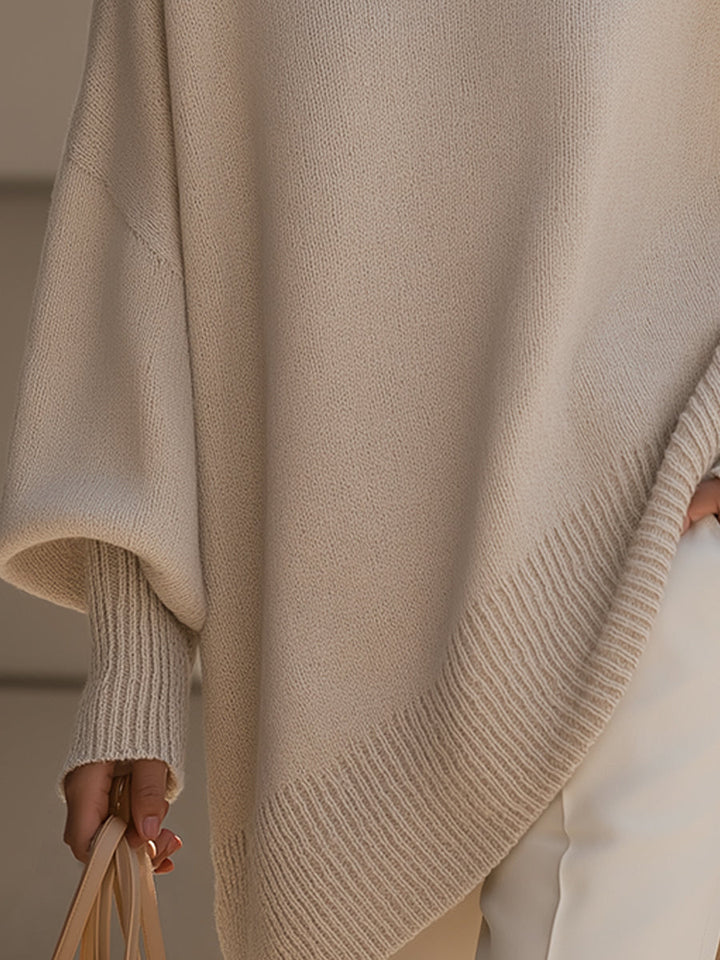 Elise de Paris| Pull en Laine Mélangée Oversize Femme avec Encolure Arrondie et Ourlet Asymétrique