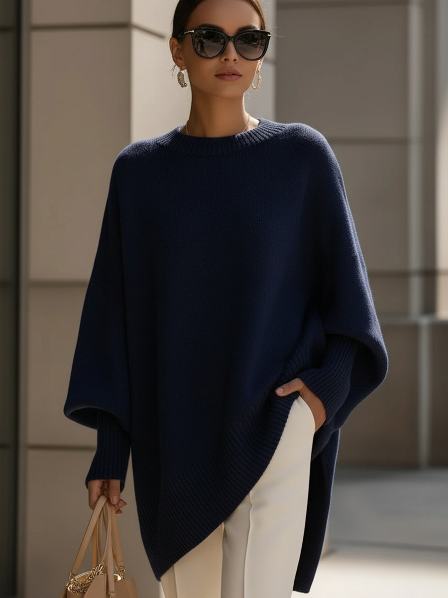 Elise de Paris| Pull en Laine Mélangée Oversize Femme avec Encolure Arrondie et Ourlet Asymétrique