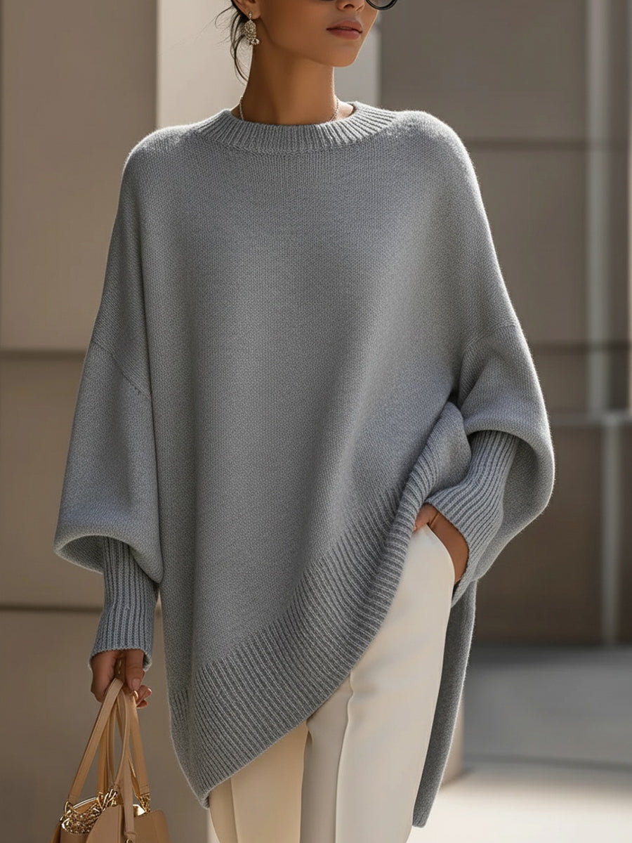 Elise de Paris| Pull en Laine Mélangée Oversize Femme avec Encolure Arrondie et Ourlet Asymétrique