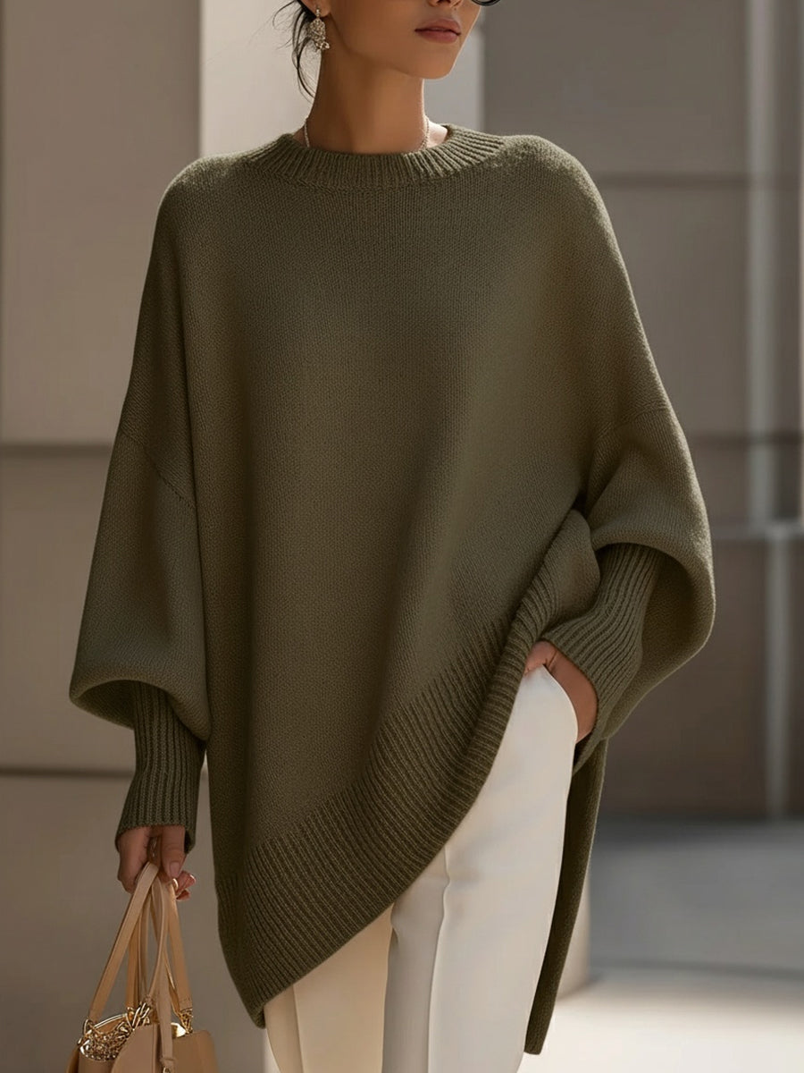 Elise de Paris| Pull en Laine Mélangée Oversize Femme avec Encolure Arrondie et Ourlet Asymétrique