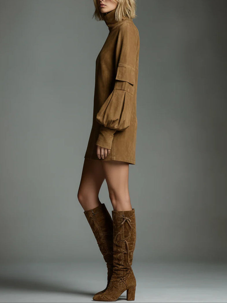 Elise de Paris | Robe Femme Mini-Robe À Col Roulé En Daim Vintage Pour Un Style Chic