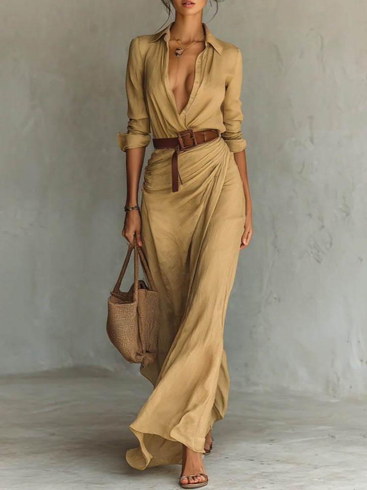 Elise de Paris | Robe Longue Femme Élégante à Col Revers et Ceinture – Silhouette Drapée et Confort Aéré
