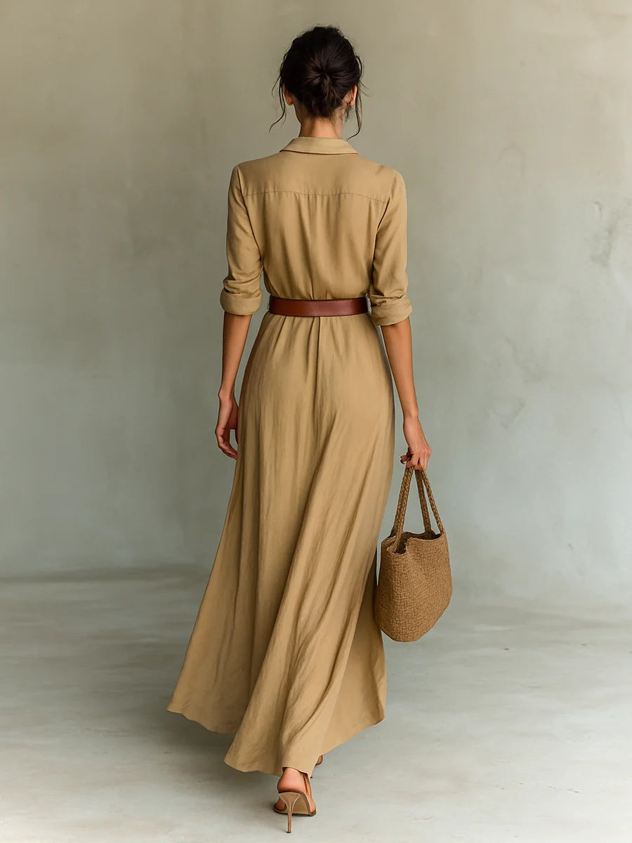 Elise de Paris | Robe Longue Femme Élégante à Col Revers et Ceinture – Silhouette Drapée et Confort Aéré
