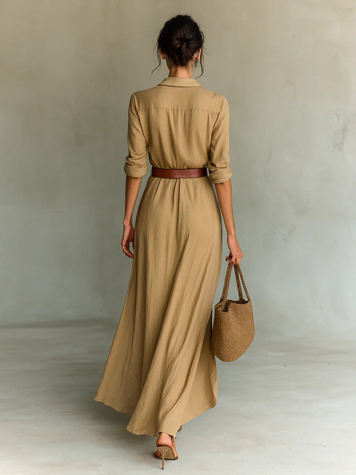 Elise de Paris | Robe Longue Femme Élégante à Col Revers et Ceinture – Silhouette Drapée et Confort Aéré