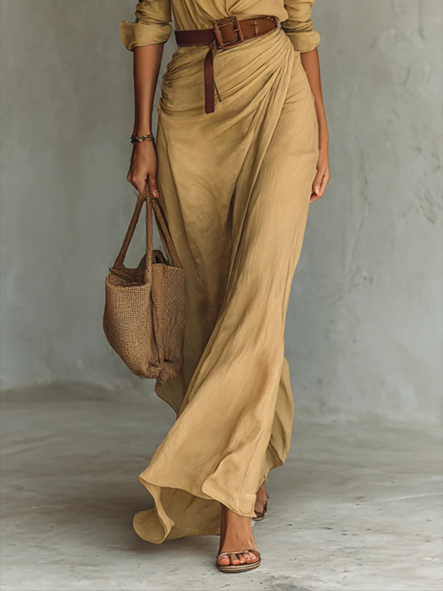 Elise de Paris | Robe Longue Femme Élégante à Col Revers et Ceinture – Silhouette Drapée et Confort Aéré