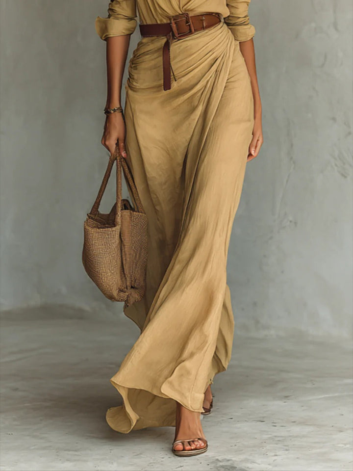 Elise de Paris | Robe Longue Femme Élégante à Col Revers et Ceinture – Silhouette Drapée et Confort Aéré