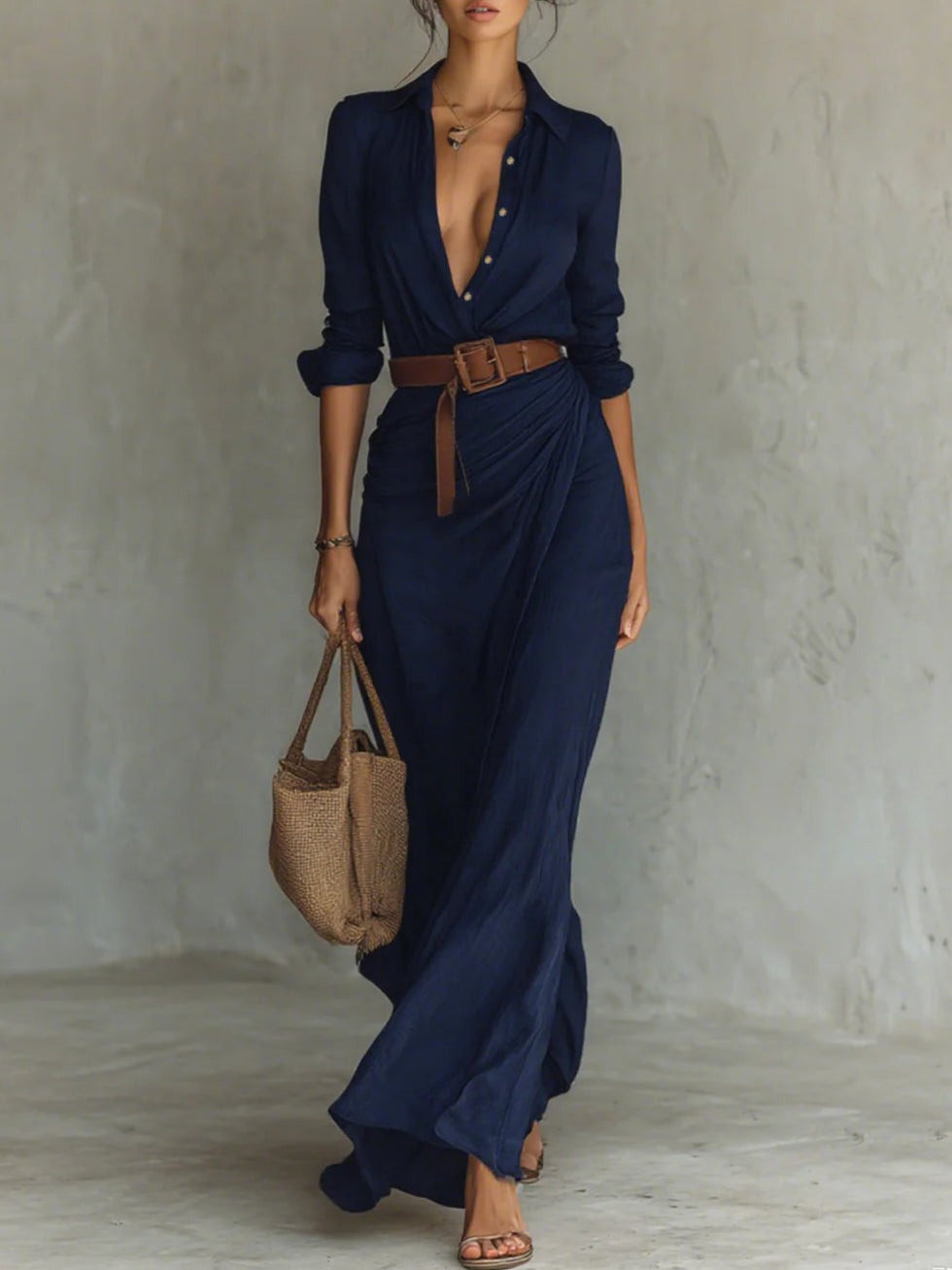 Elise de Paris | Robe Longue Femme Élégante à Col Revers et Ceinture – Silhouette Drapée et Confort Aéré