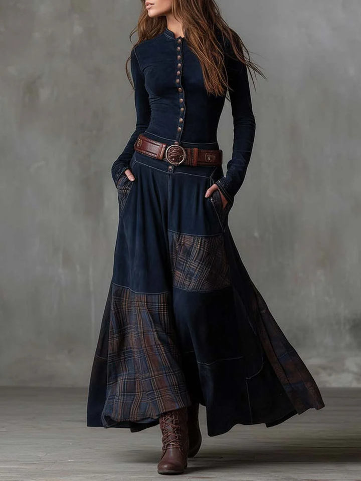 Elise de Paris | Robe Longue Femme Maxi Vintage avec Col Montant et Panneau à Carreaux