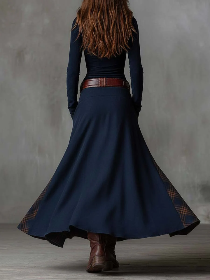 Elise de Paris | Robe Longue Femme Maxi Vintage avec Col Montant et Panneau à Carreaux