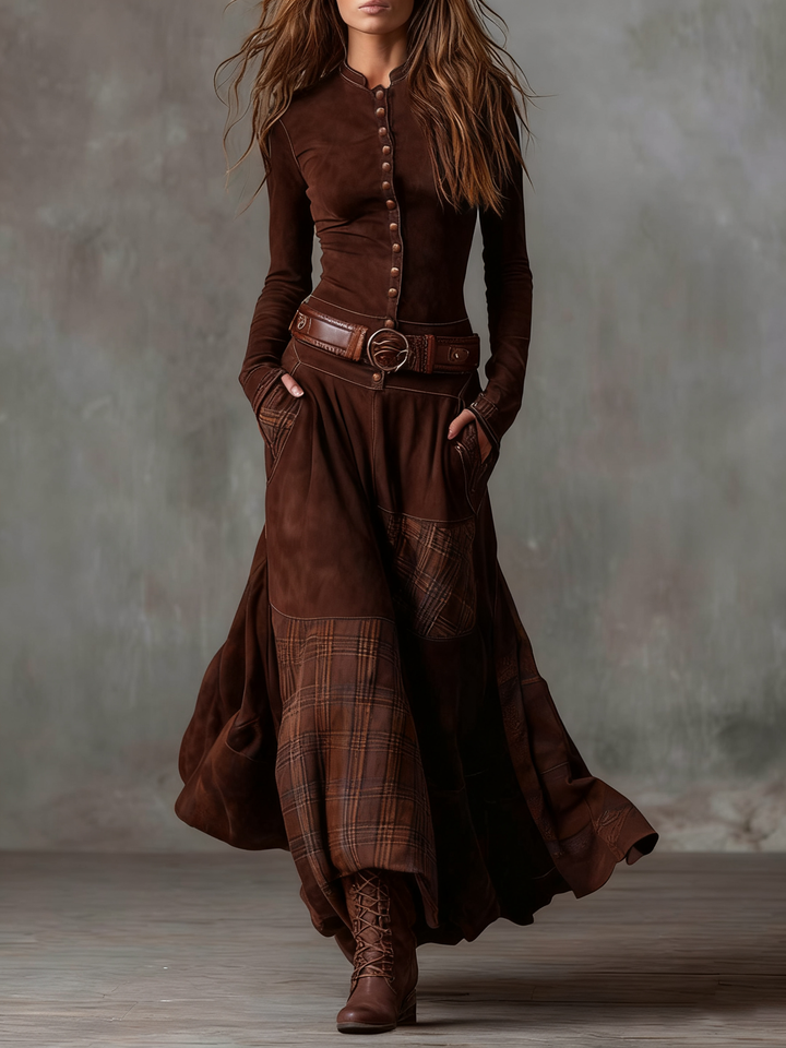 Elise de Paris | Robe Longue Femme Maxi Vintage avec Col Montant et Panneau à Carreaux