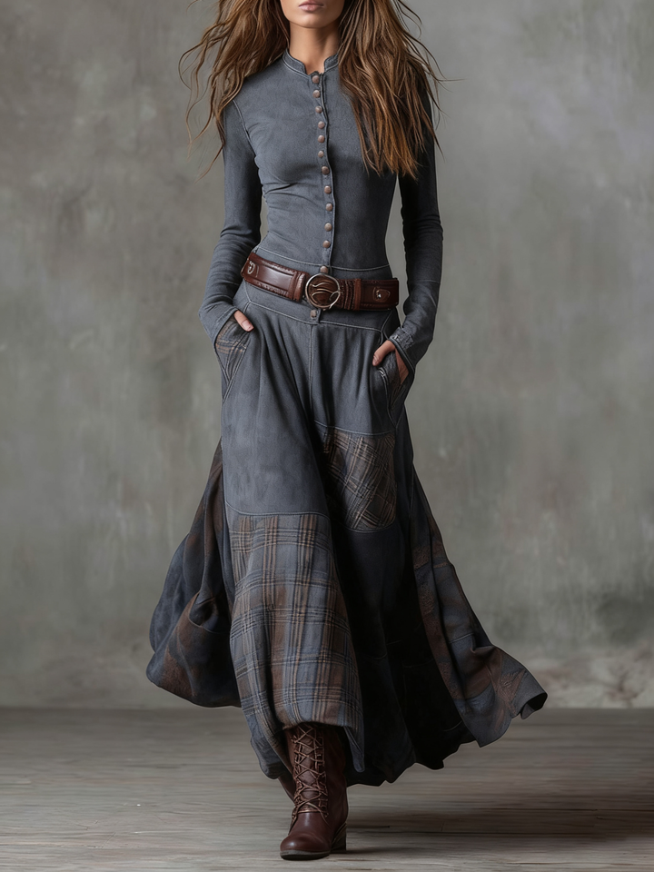Elise de Paris | Robe Longue Femme Maxi Vintage avec Col Montant et Panneau à Carreaux