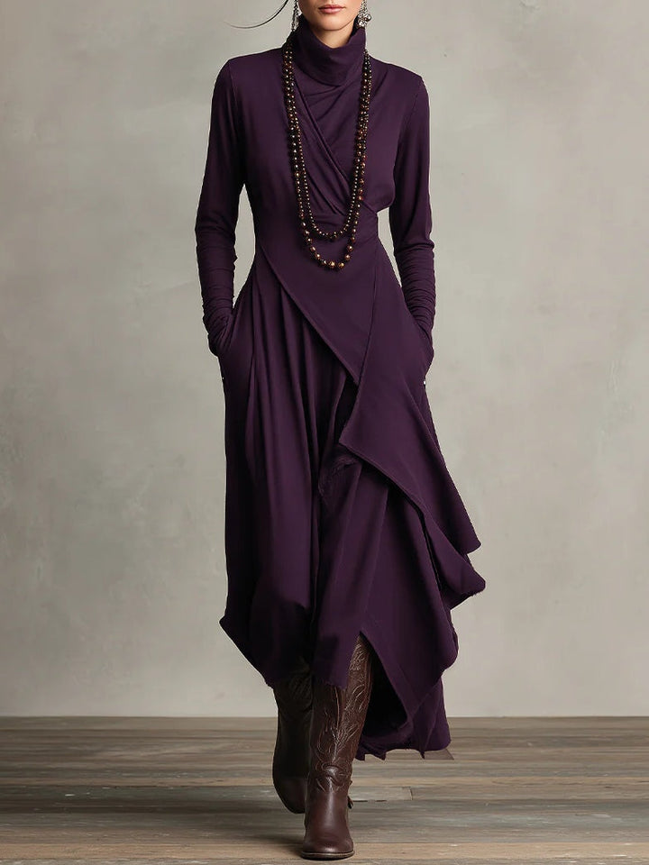 Elise de Paris | Robe Longue Femme Plissée Asymétrique avec Col Haut et Manches Longues
