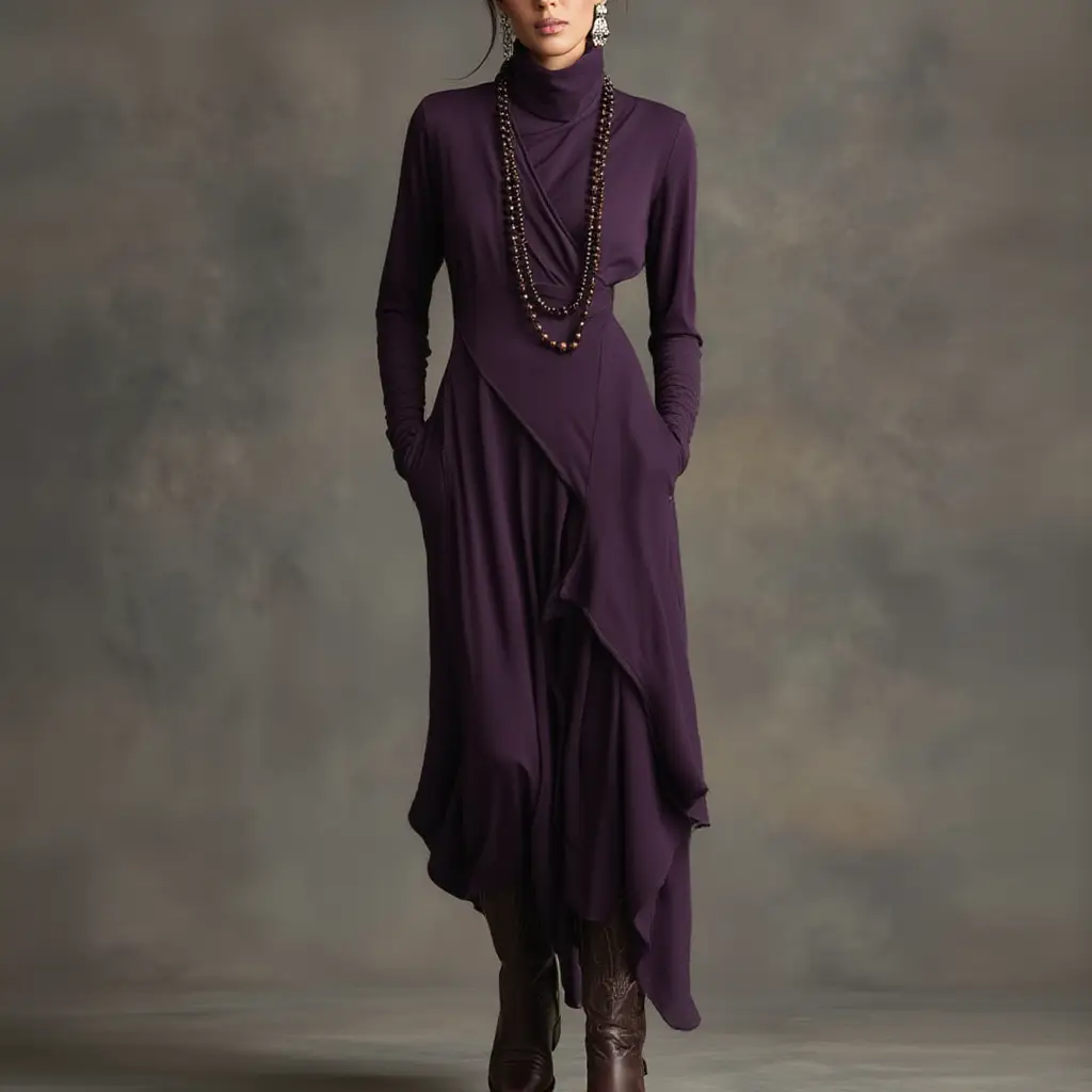 Elise de Paris | Robe Longue Femme Plissée Asymétrique avec Col Haut et Manches Longues