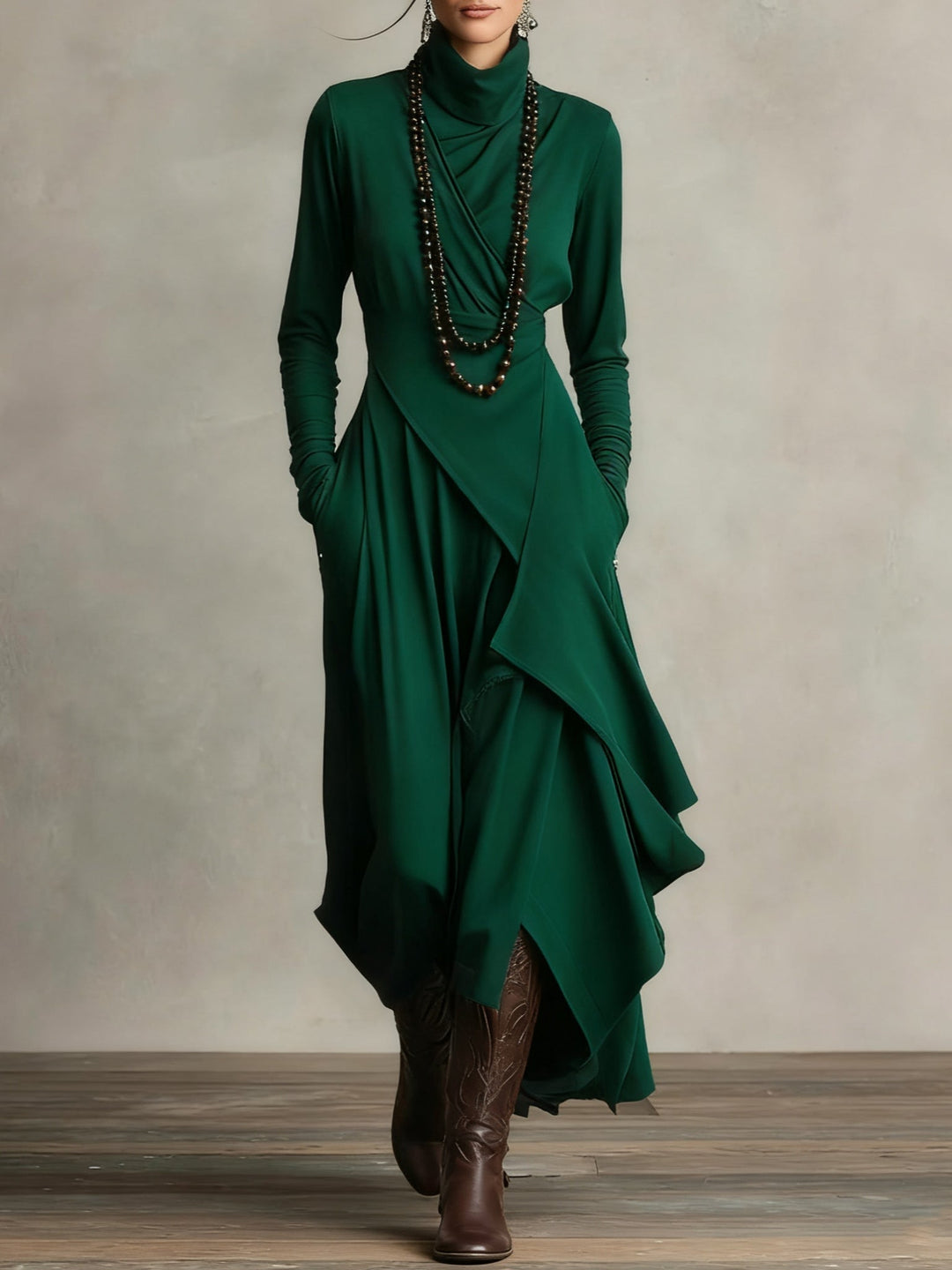 Elise de Paris | Robe Longue Femme Plissée Asymétrique avec Col Haut et Manches Longues