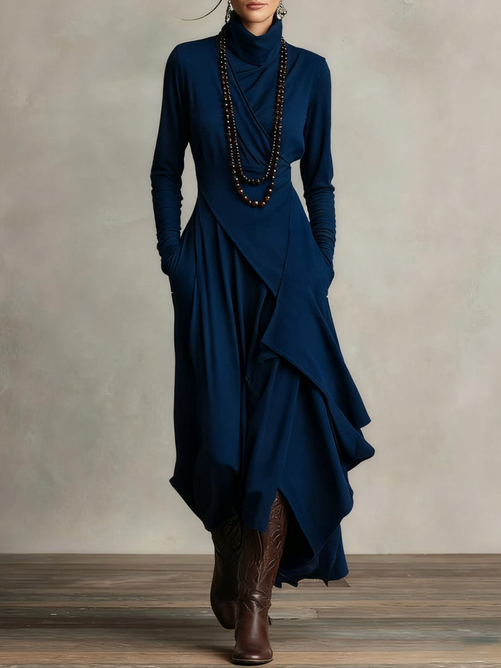 Elise de Paris | Robe Longue Femme Plissée Asymétrique avec Col Haut et Manches Longues