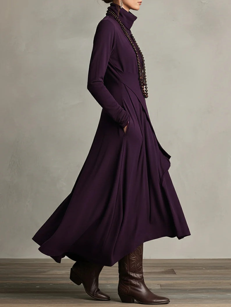 Elise de Paris | Robe Longue Femme Plissée Asymétrique avec Col Haut et Manches Longues
