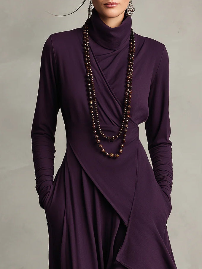 Elise de Paris | Robe Longue Femme Plissée Asymétrique avec Col Haut et Manches Longues