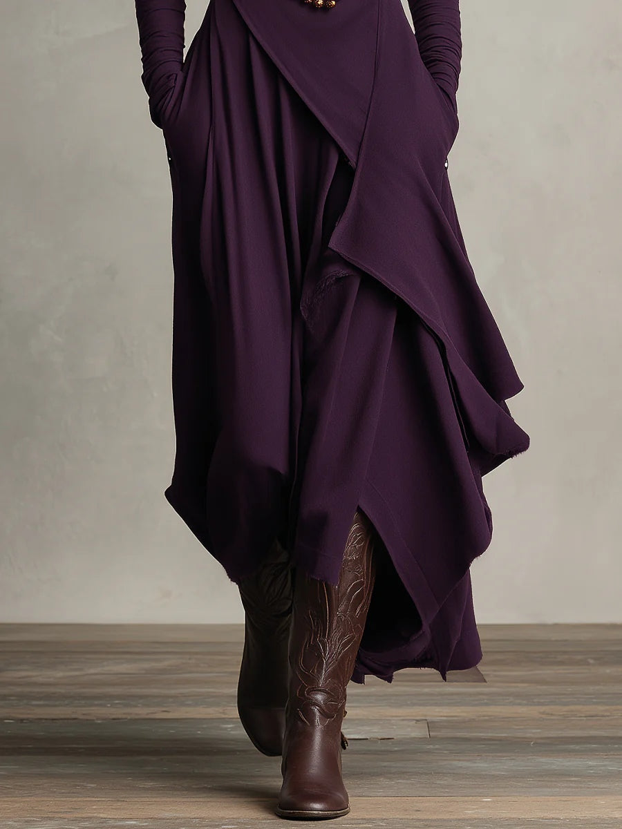 Elise de Paris | Robe Longue Femme Plissée Asymétrique avec Col Haut et Manches Longues