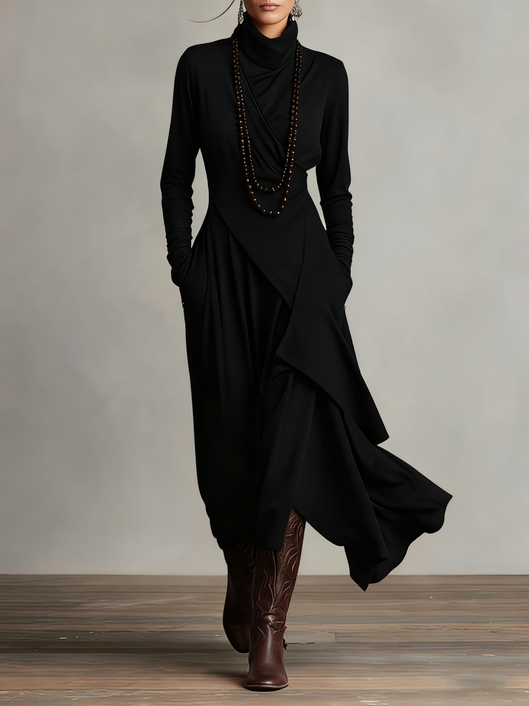 Elise de Paris | Robe Longue Femme Plissée Asymétrique avec Col Haut et Manches Longues