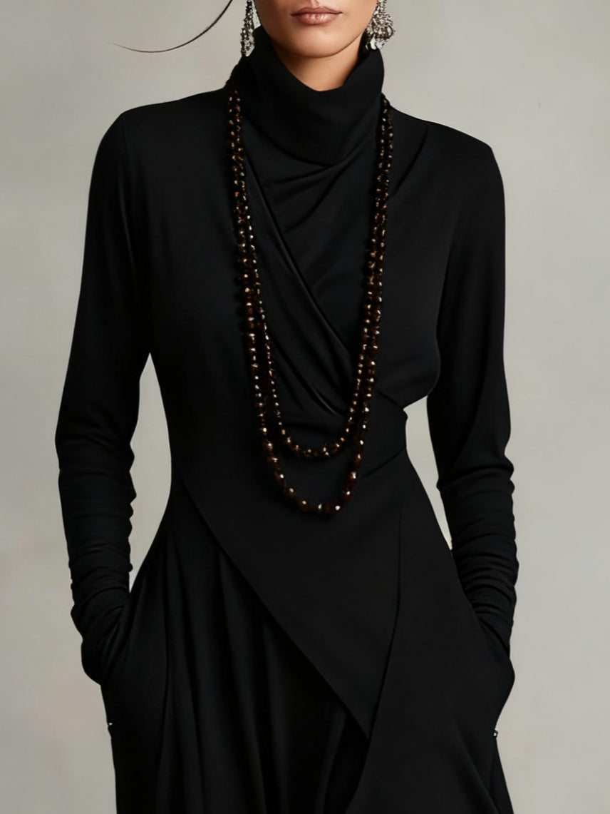 Elise de Paris | Robe Longue Femme Plissée Asymétrique avec Col Haut et Manches Longues