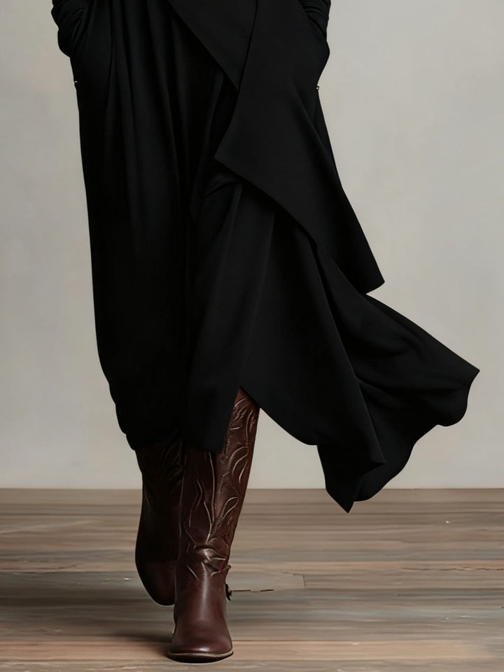 Elise de Paris | Robe Longue Femme Plissée Asymétrique avec Col Haut et Manches Longues