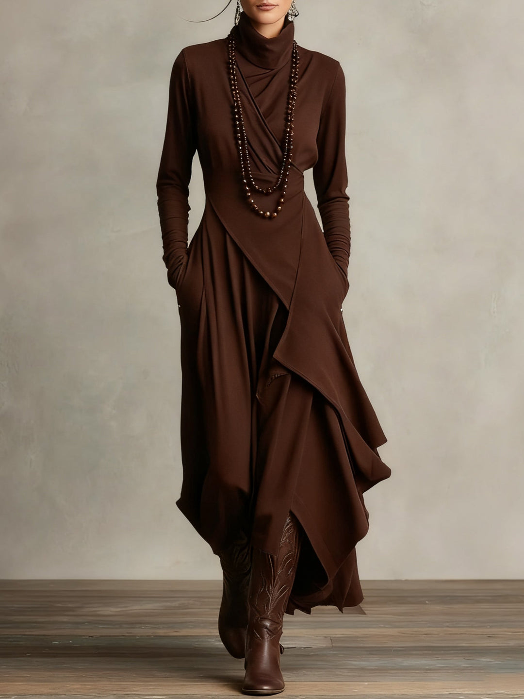 Elise de Paris | Robe Longue Femme Plissée Asymétrique avec Col Haut et Manches Longues