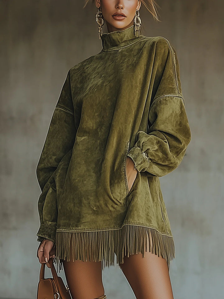 Elise de Paris | Robe Longue Femme en Microfibre de Daim avec Ourlet Frangé