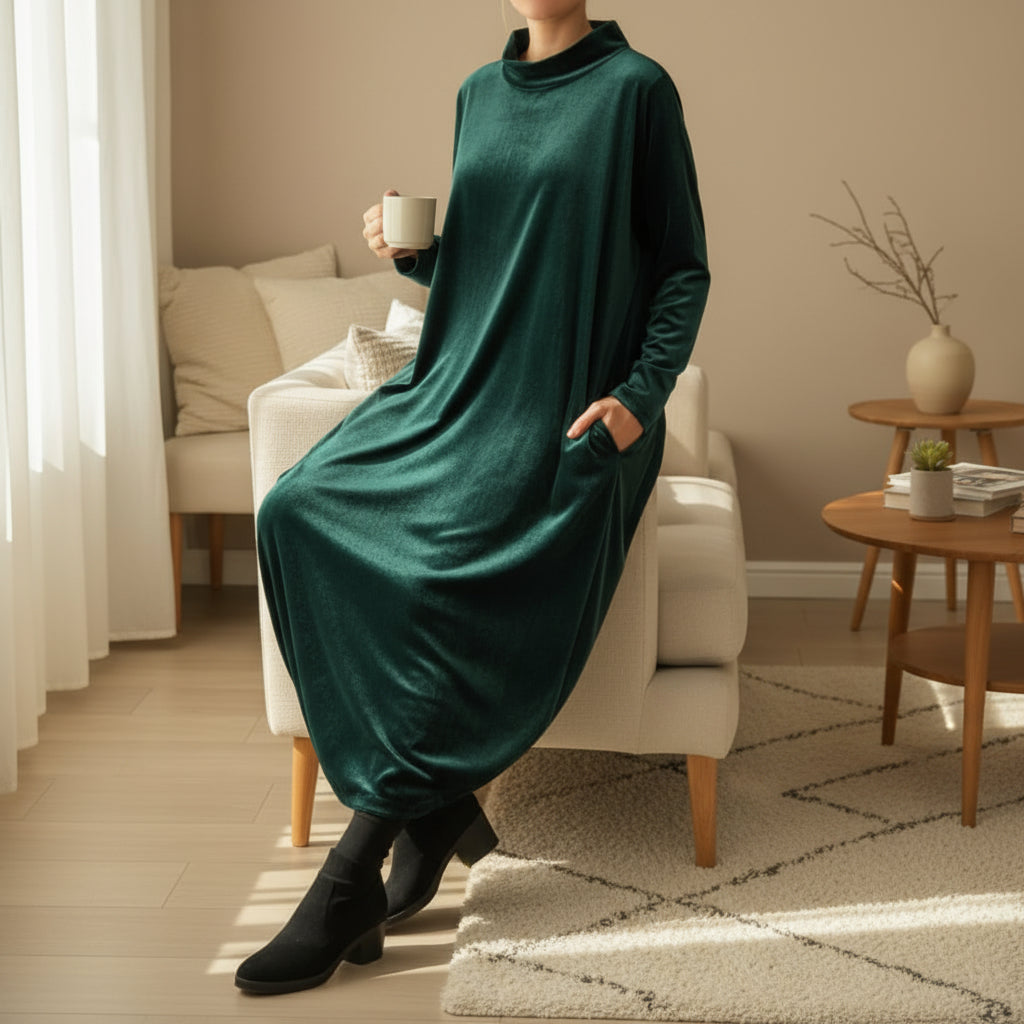 Elise de Paris| Robe Longue Femme en Velours Polyester avec Col Montant et Poches Latérales