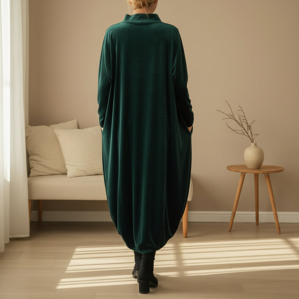 Elise de Paris| Robe Longue Femme en Velours Polyester avec Col Montant et Poches Latérales