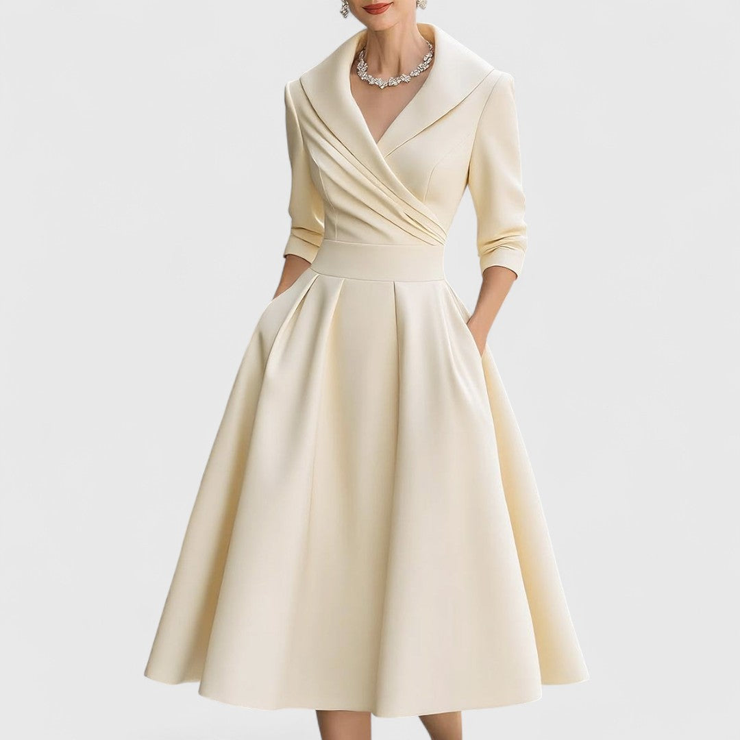 Elise de Paris | Robe Midi Femme Chic avec Décolleté en V et Manches 3/4