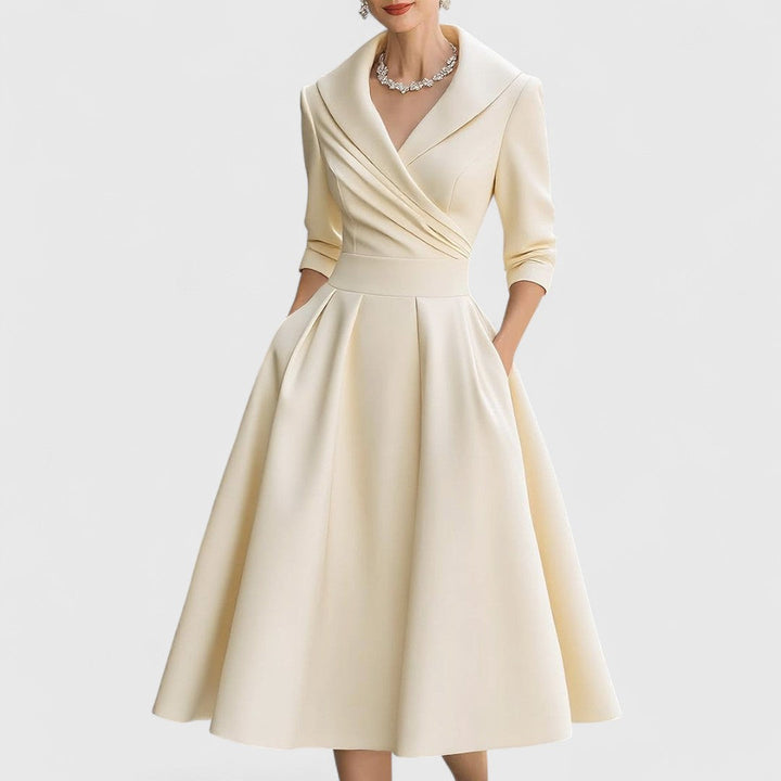 Elise de Paris | Robe Midi Femme Chic avec Décolleté en V et Manches 3/4