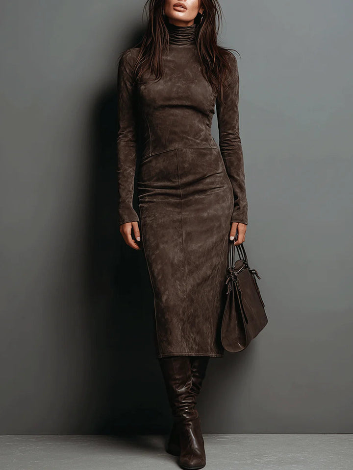 Elise de Paris| Robe Midi Femme en Suédine Douce avec Col Montant et Manches Longues