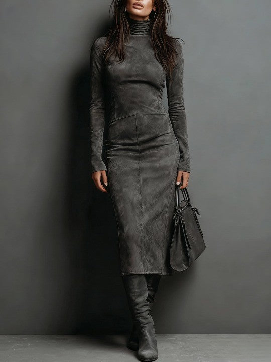 Elise de Paris| Robe Midi Femme en Suédine Douce avec Col Montant et Manches Longues