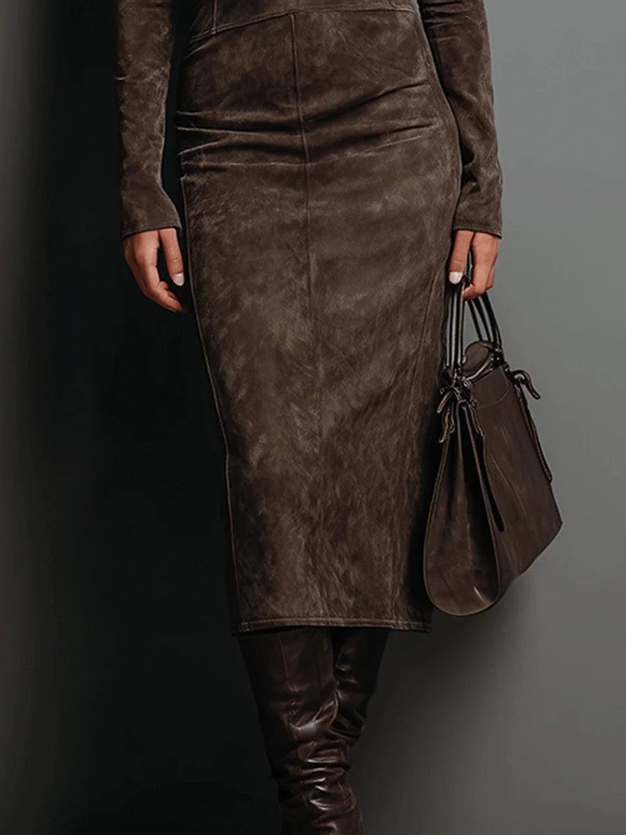 Elise de Paris| Robe Midi Femme en Suédine Douce avec Col Montant et Manches Longues