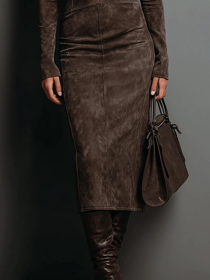 Elise de Paris| Robe Midi Femme en Suédine Douce avec Col Montant et Manches Longues