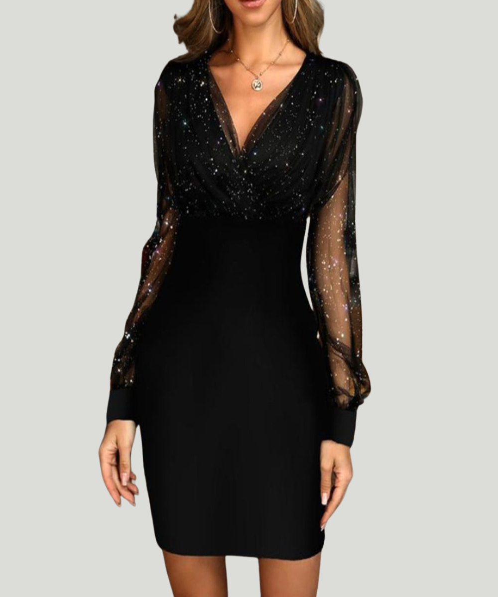 Elise de Paris | Robe Noire Élégante à Paillettes et Manches Transparentes
